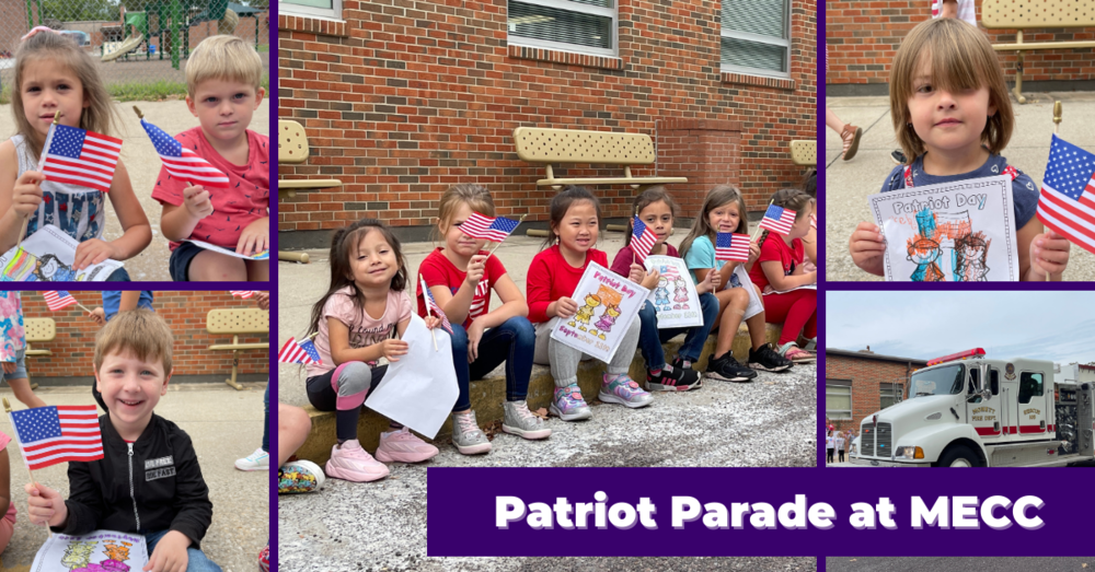 Patriot Parade at MECC - students sitting by the road waiting for the Patriot Parade at MECC. Students were dressed in the colors red, white, blue and held up their flags.