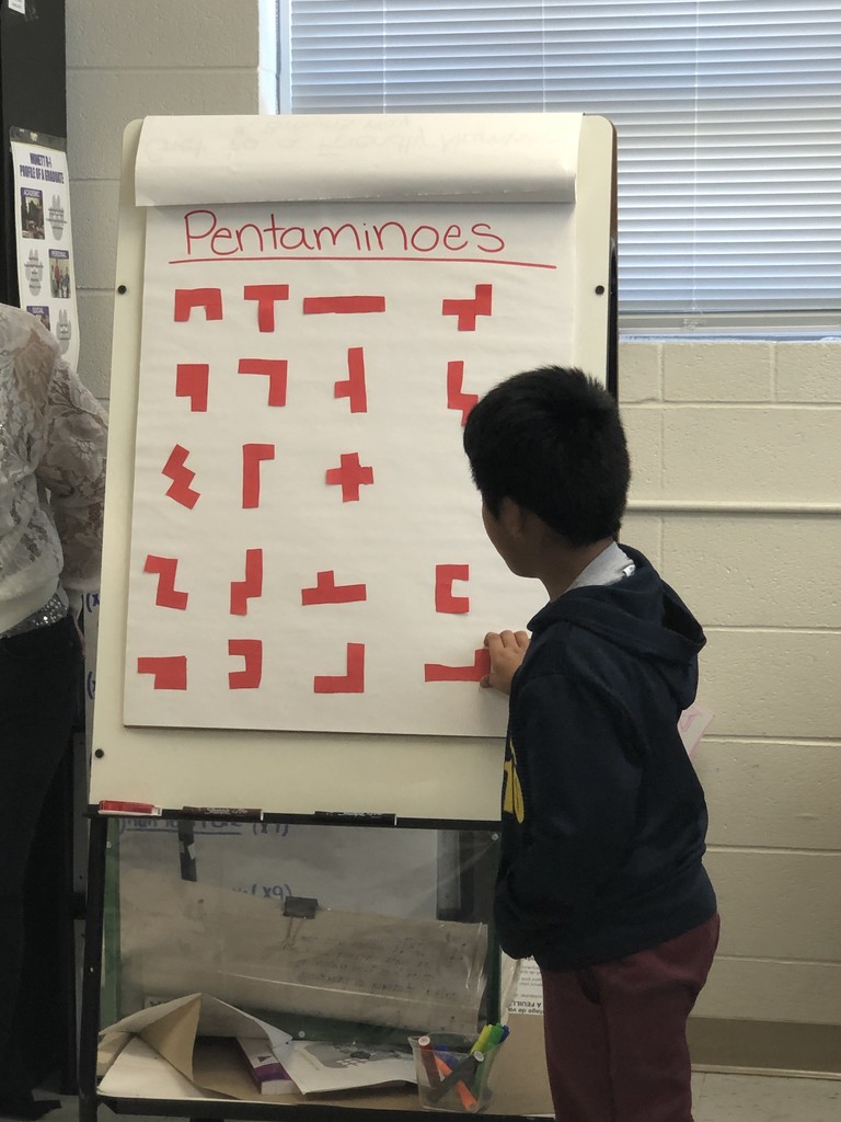 Fourth graders in K. Brown and Mrs. Allen’s class worked on creating pentominoes based on characteristics. They learned about parallel and perpendicular sides, lines of symmetry, and area and perimeter. 