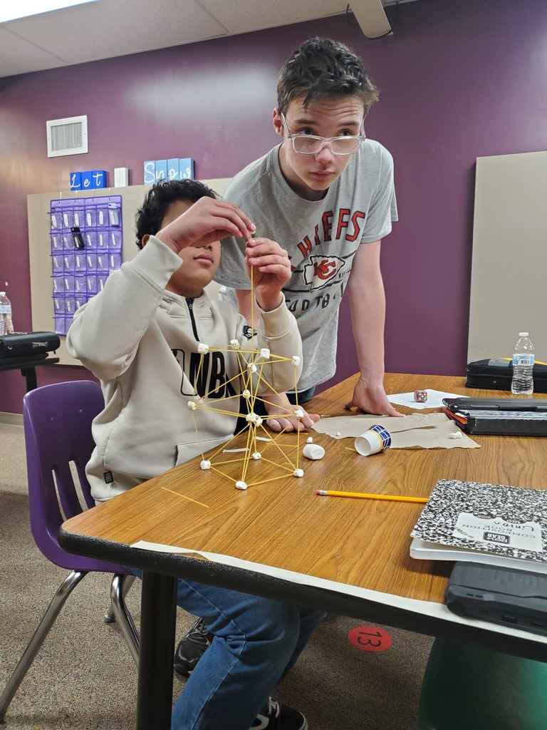 Two students working together on building a tower made of marshmallows and spaghetti. 