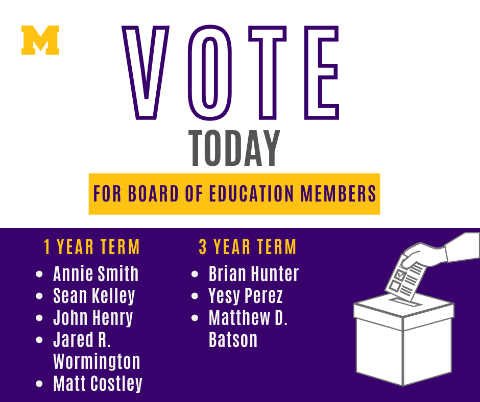 Vote today for Board of Education Members, 1 year term, Annie Smith, Sean Kelley, John Henry, Jared R. Wormington, Matt Costley, 3 Year Term, Brian Hunter, Yesy Perez, Matthew D. Batson