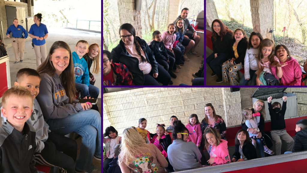 Students and parents sitting on the trans bus to enter Fantastic Caverns in Springfield, MO. 