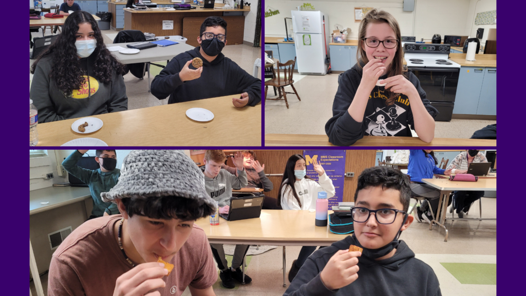 Collage of photos of student trying new food. 