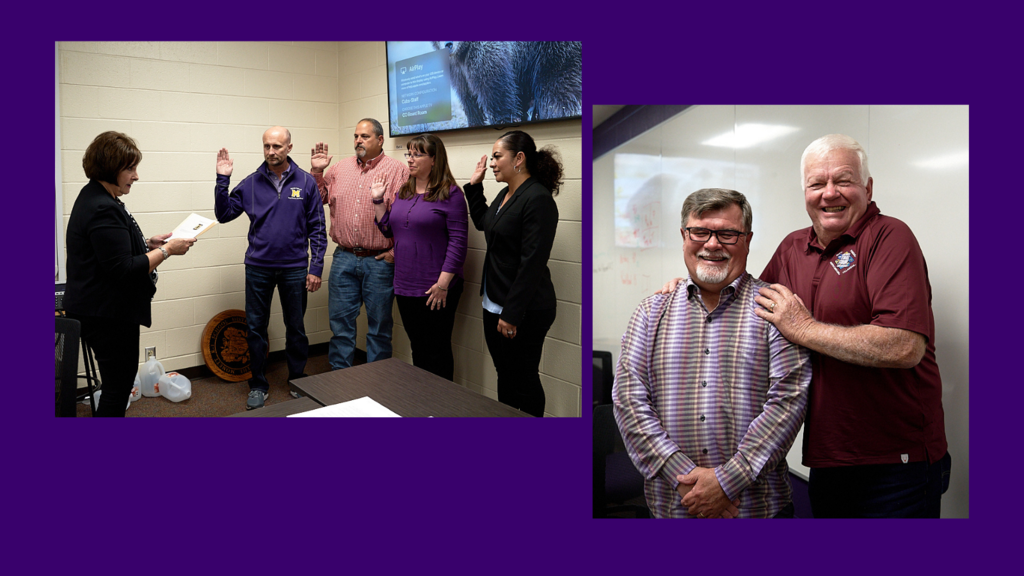 lady in colors black holding piece of paper, two males, 2 females each holding right hand up, second photo: two males one in colors purple, the other in a red shirt posing for a photo.. 