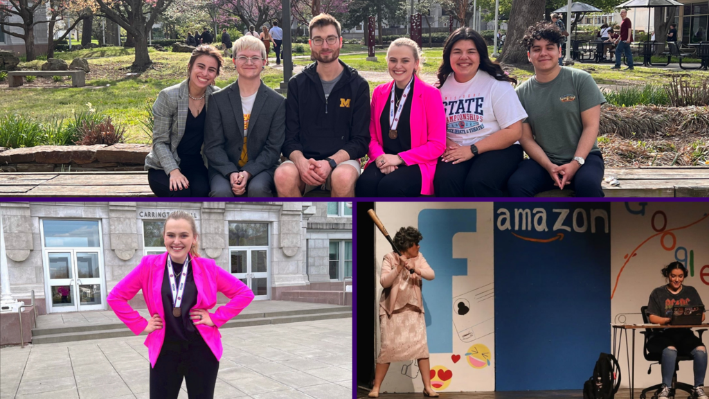 Top image: group of students with the teacher in the middle, sitting on a bench in a school campus outside, 2nd bottom image: female student standing in front of building with bright pink jacket, 3rd image: theatre photo, a lady holding a bat in front of a painted facebook, amazon and google sign. 