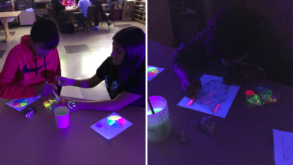 MMS art students used the blacklight color wheel to create art. Students used neon art making tools to get an interesting art effect in the dark. Check out some of their art projects! 