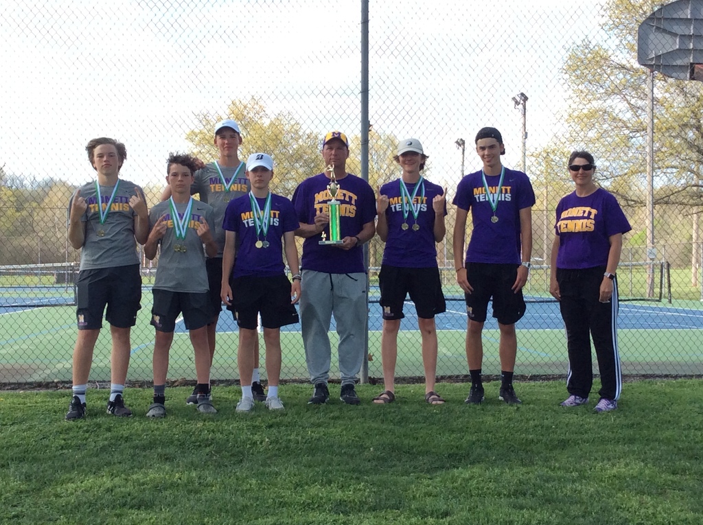 Students holding trophy after Mt. Vernon tennis tournament . 