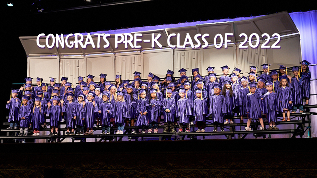 Pre school students wearing their purple graduation gowns for PK graduation. 
