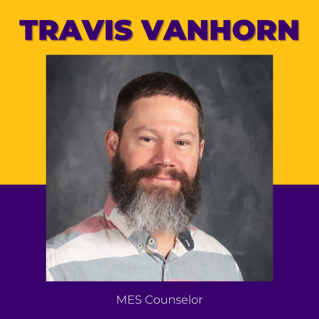 Travis Vanhorn photo gray/white shirt on purple and yellow graphic. 