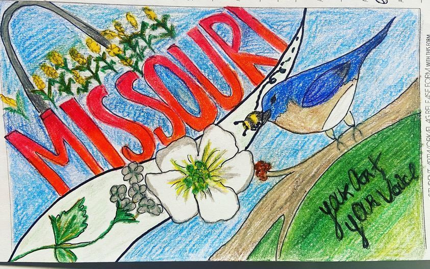 Art piece of the St. Louis Arch, a blue bird, and the state of Missouri word in red. 