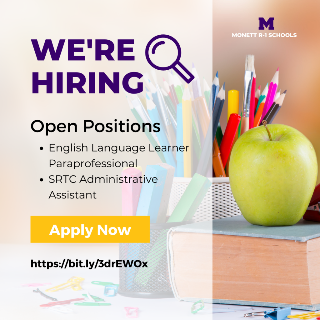 We're Hiring! Open Positions ELL Paraprofessional, SRTC Administrative Assistant, Apply NOW, https://bit.ly/3drewox