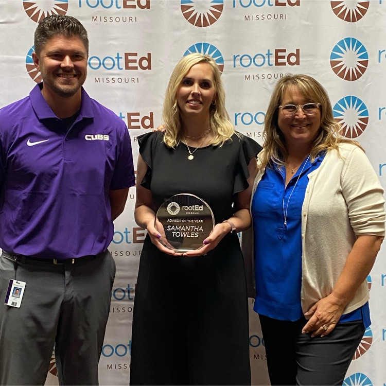 Monett High School’s rootEd counselor, Mrs. Samantha Towles, is awarded with Advisor of the Year. 